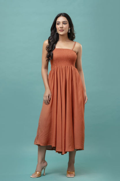 Women's Orange Cotton  Sleeveless  Midi Dress