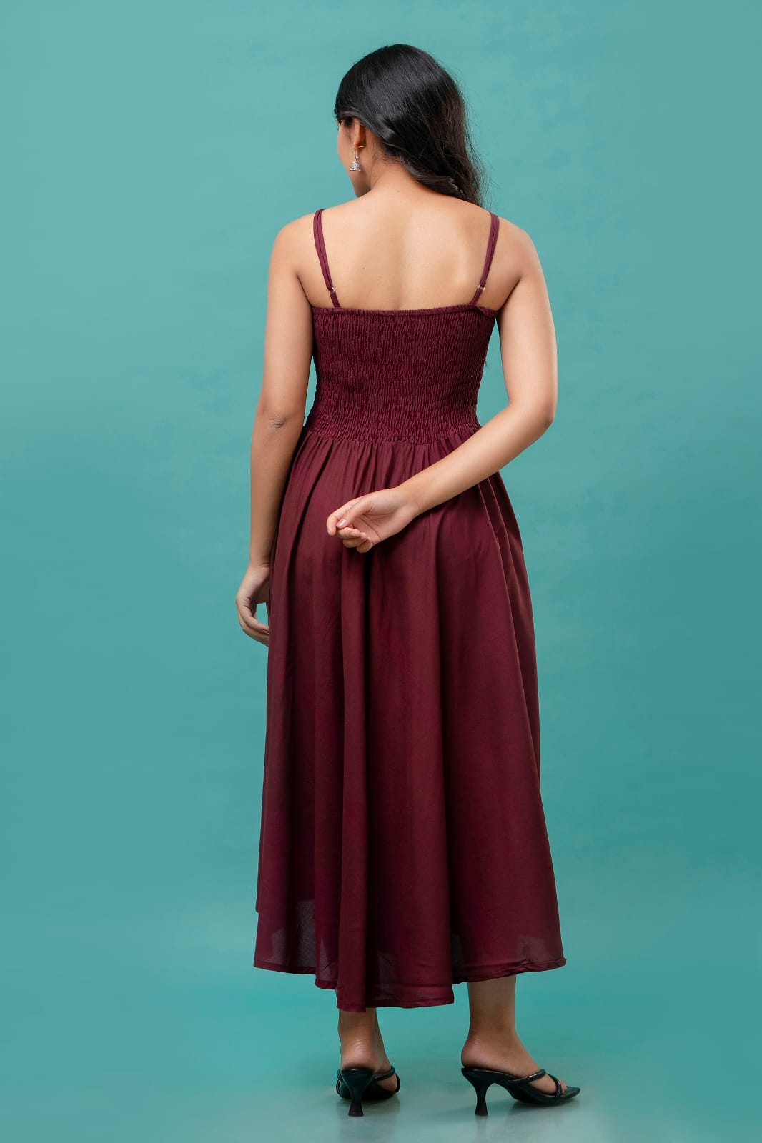 Women's Maroon Cotton Smocked Midi Dress