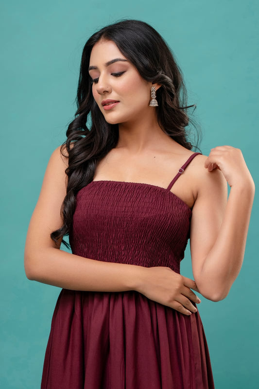 Women's Maroon Cotton Smocked Midi Dress