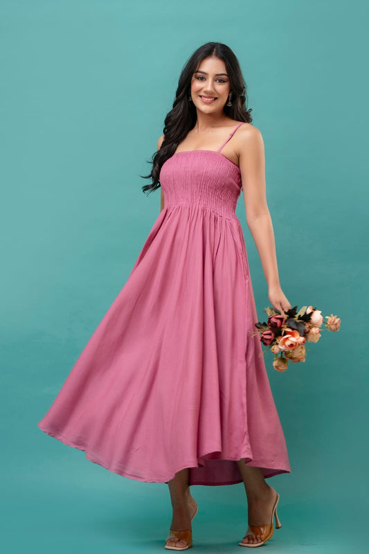 Women's Pink Cotton  Sleevlees Midi Dress | Spaghetti Strap Flowy Summer Dress with Adjustable Straps | Sizes XS to 2XL