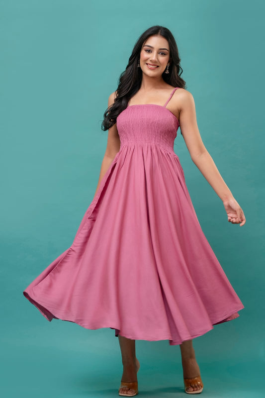 Women's Pink Cotton  Sleevlees Midi Dress | Spaghetti Strap Flowy Summer Dress with Adjustable Straps | Sizes XS to 2XL