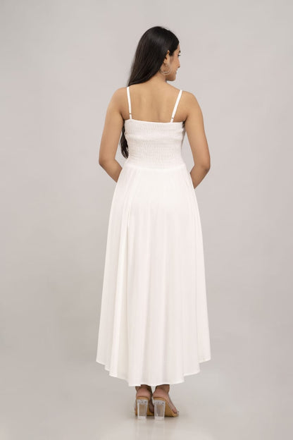 Women's White Cotton Sleevless Midi Dress