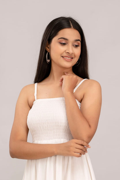 Women's White Cotton Sleevless Midi Dress