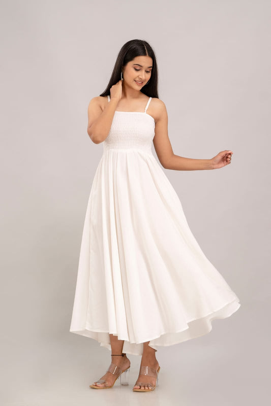 Women's White Cotton Sleevless Midi Dress | Spaghetti Strap Flowy Summer Dress with Adjustable Straps | Sizes XS to 2XL