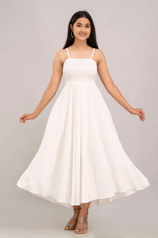 Women's White Cotton Sleevless Midi Dress | Spaghetti Strap Flowy Summer Dress with Adjustable Straps | Sizes XS to 2XL