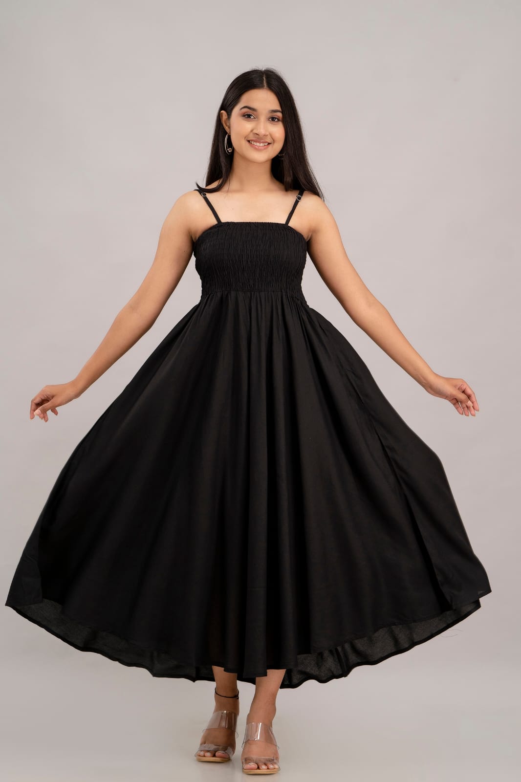 Women's Black Cotton Sleeveless Midi Dress