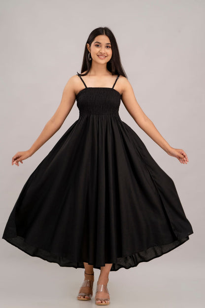 Women's Black Cotton Sleeveless Midi Dress