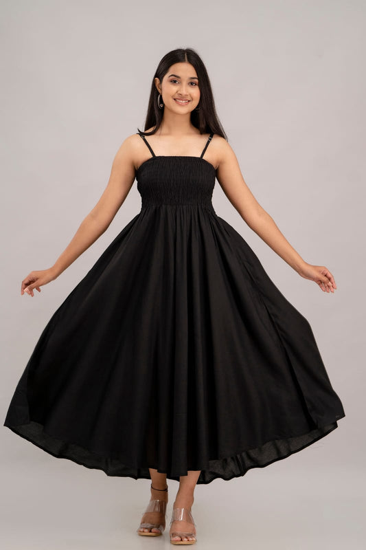 Women's Black Cotton Sleeveless Midi Dress