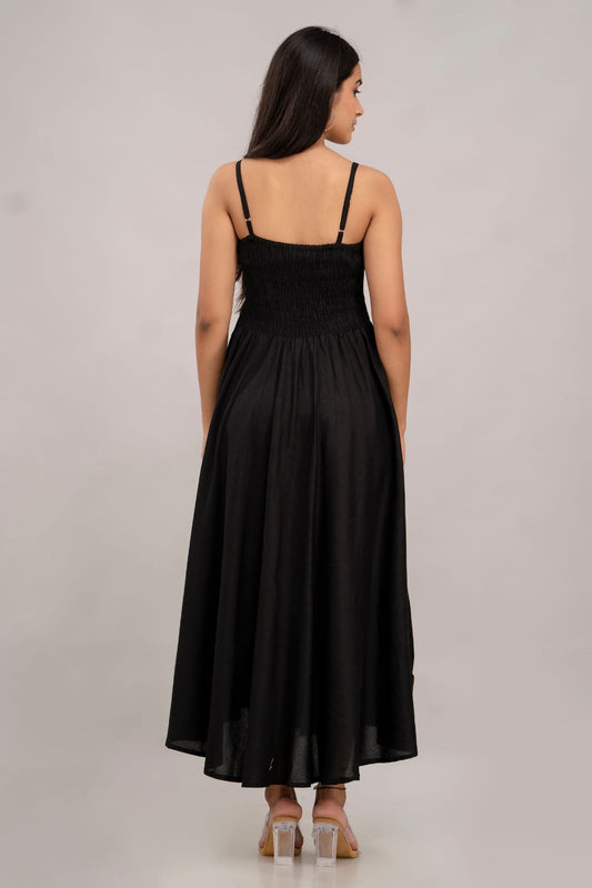 Women's Black Cotton Sleeveless Midi Dress