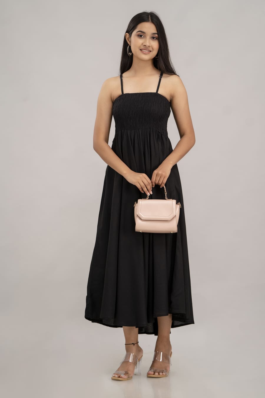 Women's Black Cotton Sleeveless Midi Dress