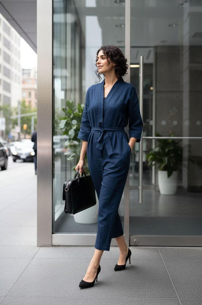 Women's Navy Blue Cotton Sleeveless Jumpsuit