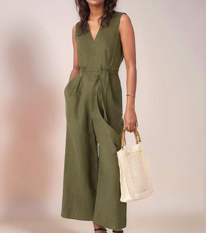 Women's Olive Green Cotton Sleeveless Summer Jumpsuit  Casual & Smart Workwear