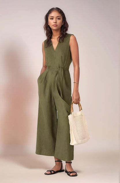 Women's Olive Green Cotton Sleeveless Summer Jumpsuit  Casual & Smart Workwear