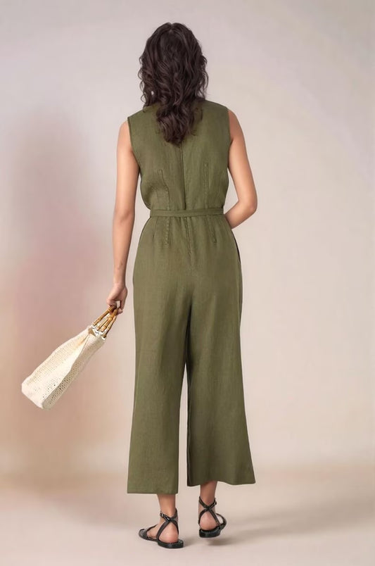 Women's Olive Green Cotton Sleeveless Summer Jumpsuit  Casual & Smart Workwear