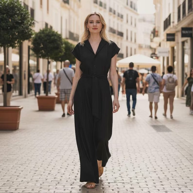 Women's Black Cotton Short Sleeve Jumpsuit