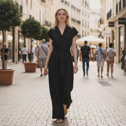 Women's Black Cotton Short Sleeve Jumpsuit