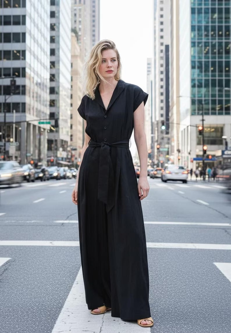 Women's Black Cotton Short Sleeve Jumpsuit