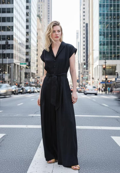 Women's Black Cotton Short Sleeve Jumpsuit