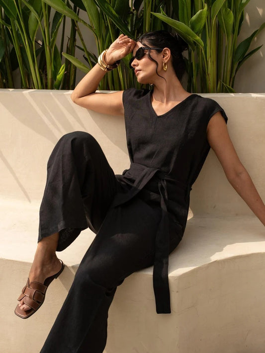 Women's Black Cotton Sleeveless Jumpsuit