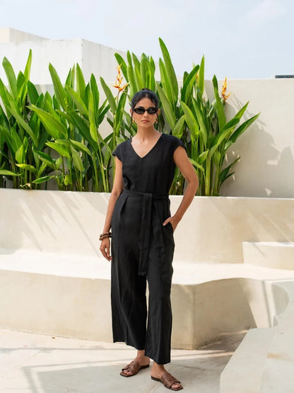 Women's Black Cotton Sleeveless Jumpsuit