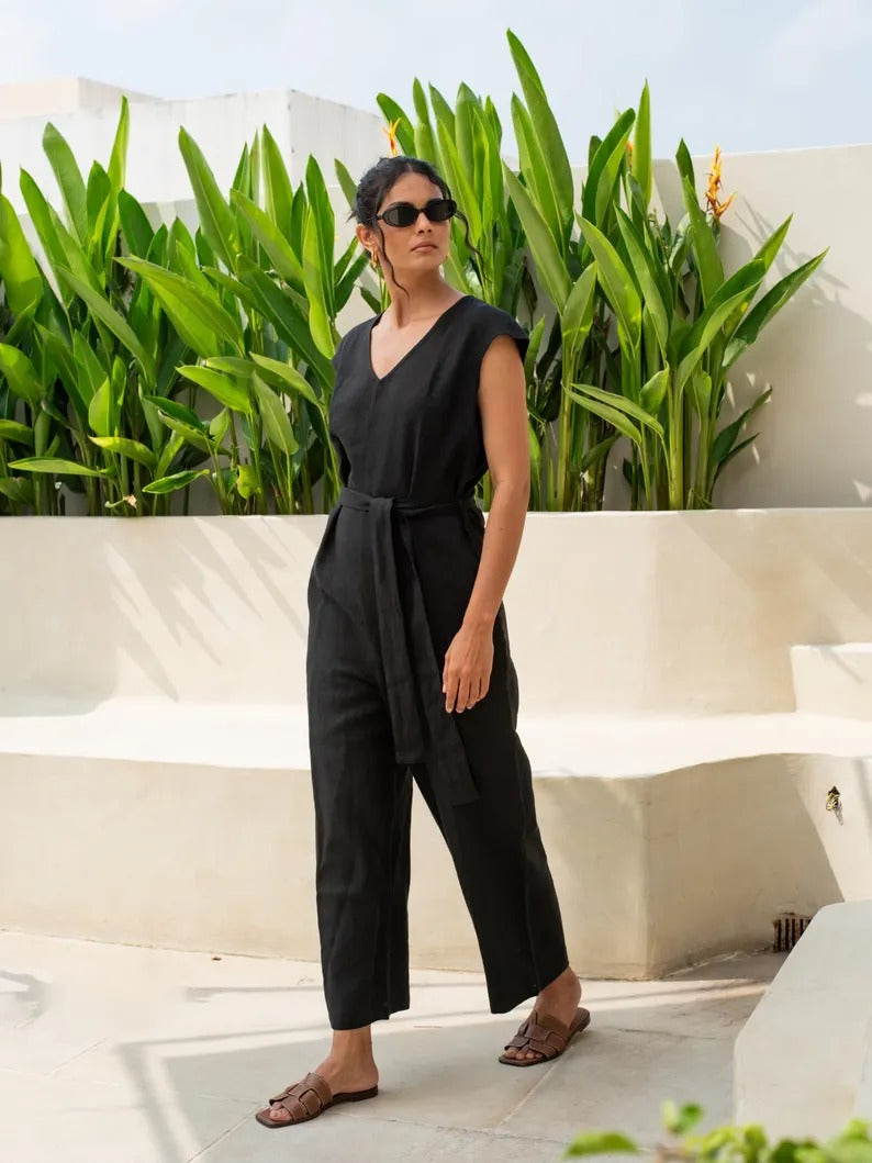 Women's Black Cotton Sleeveless Jumpsuit