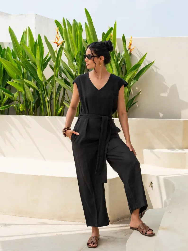 Women's Black Cotton Sleeveless Jumpsuit
