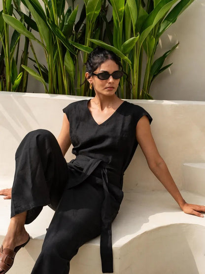 Women's Black Cotton Sleeveless Jumpsuit