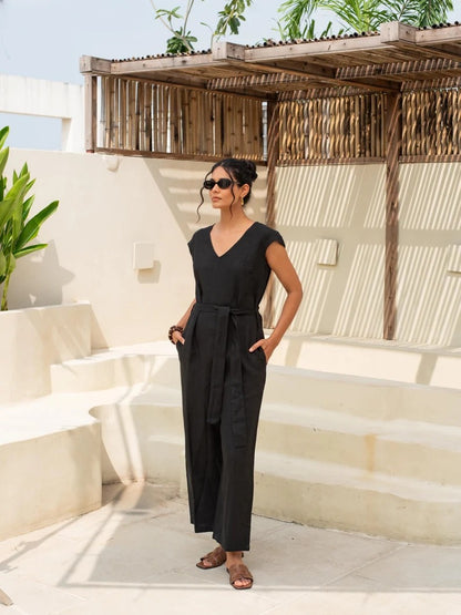 Women's Black Cotton Sleeveless Jumpsuit