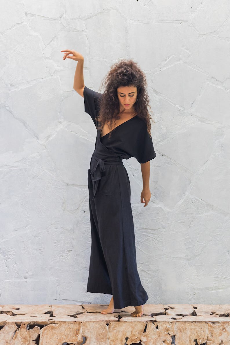 Women's Black Cotton Short Sleeve Jumpsuit