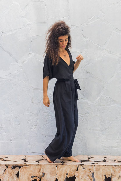 Women's Black Cotton Short Sleeve Jumpsuit