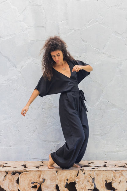 Women's Black Cotton Short Sleeve Jumpsuit