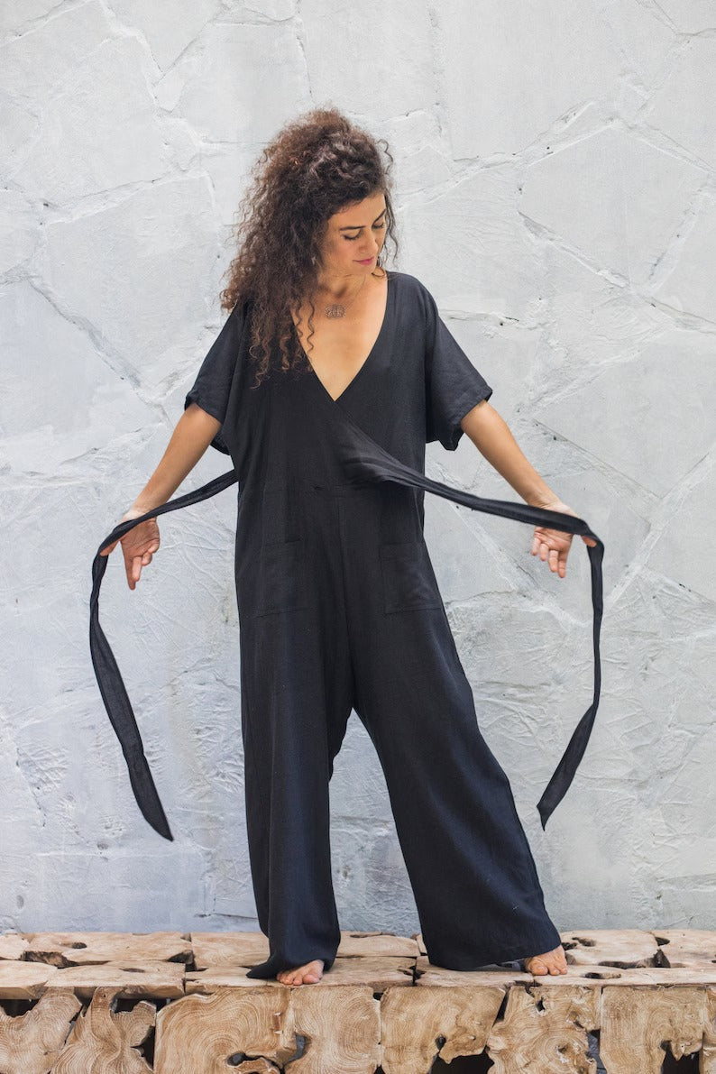 Women's Black Cotton Short Sleeve Jumpsuit
