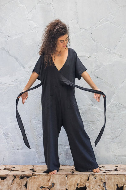 Women's Black Cotton Short Sleeve Jumpsuit