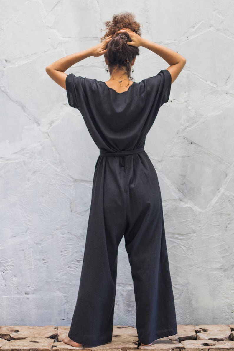 Women's Black Cotton Short Sleeve Jumpsuit