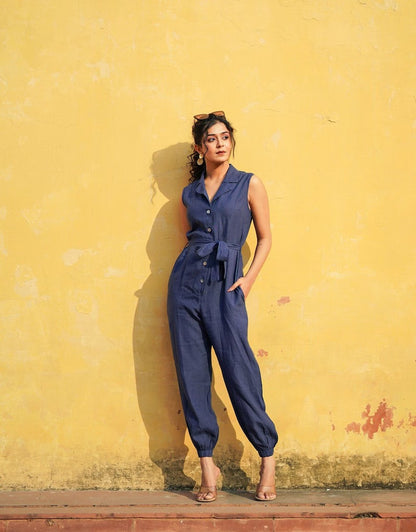 Women's Navy Blue Cotton Sleeveless Jumpsuit