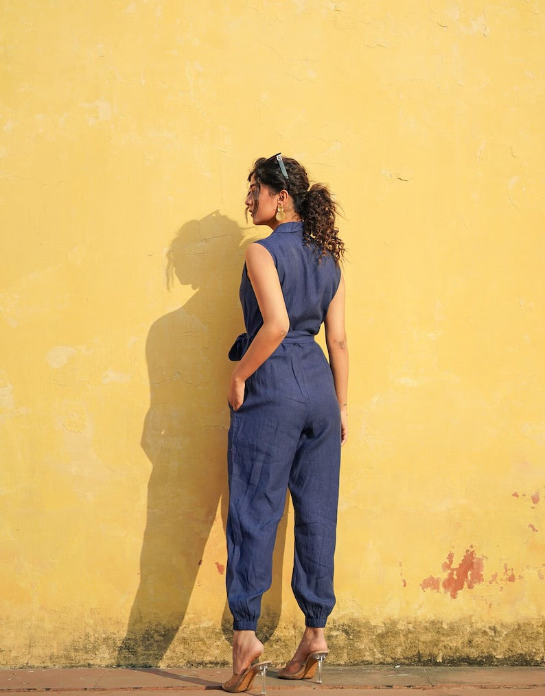 Women's Navy Blue Cotton Sleeveless Jumpsuit
