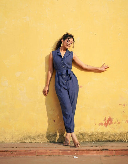 Women's Navy Blue Cotton Sleeveless Jumpsuit