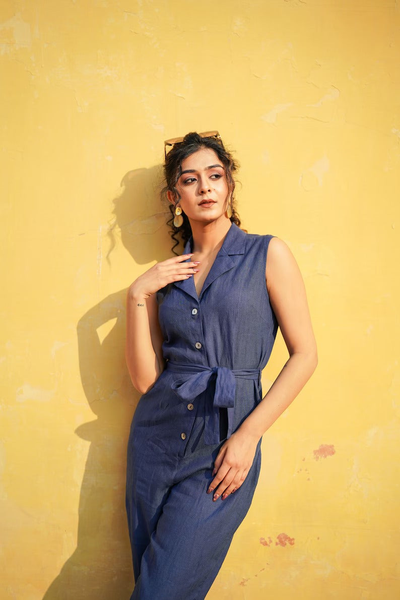 Women's Navy Blue Cotton Sleeveless Jumpsuit