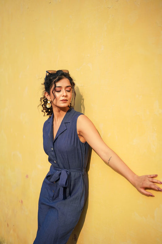 Women's Navy Blue Cotton Sleeveless Jumpsuit