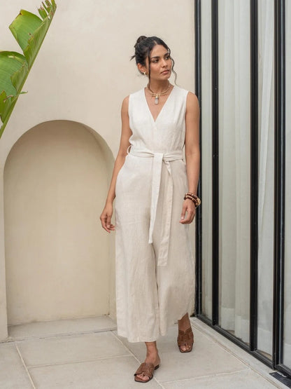 Women's Cream Cotton Sleeveless Jumpsuit