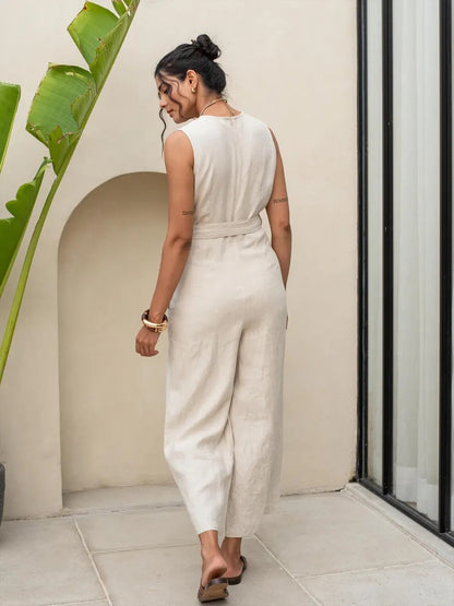 Women's Cream Cotton Sleeveless Jumpsuit