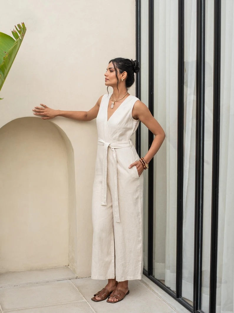Women's Cream Cotton Sleeveless Jumpsuit