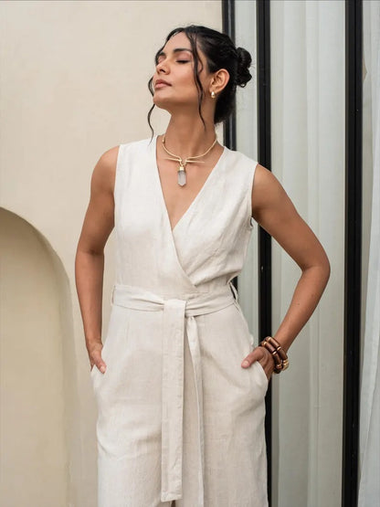 Women's Cream Cotton Sleeveless Jumpsuit