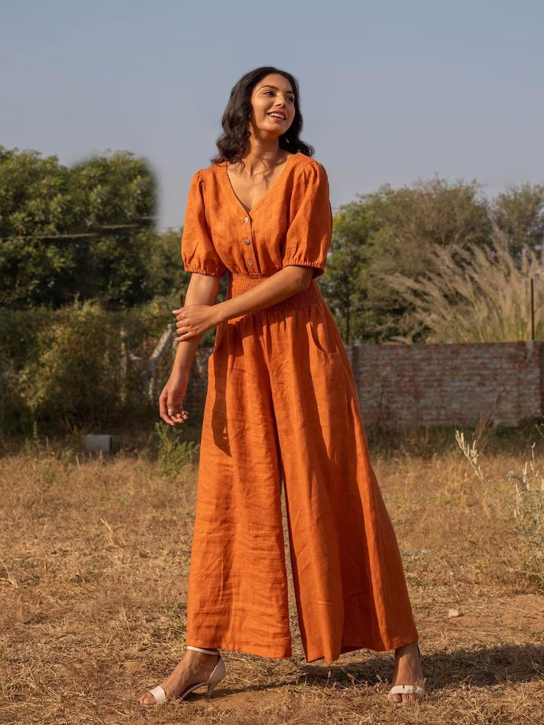 Women's Burnt Orange Cotton Puff Sleeve Jumpsuit