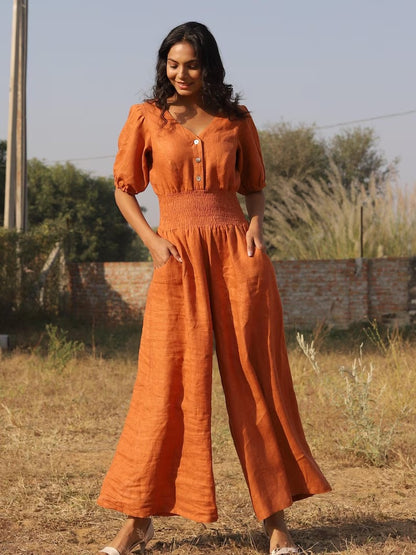 Women's Burnt Orange Cotton Puff Sleeve Jumpsuit