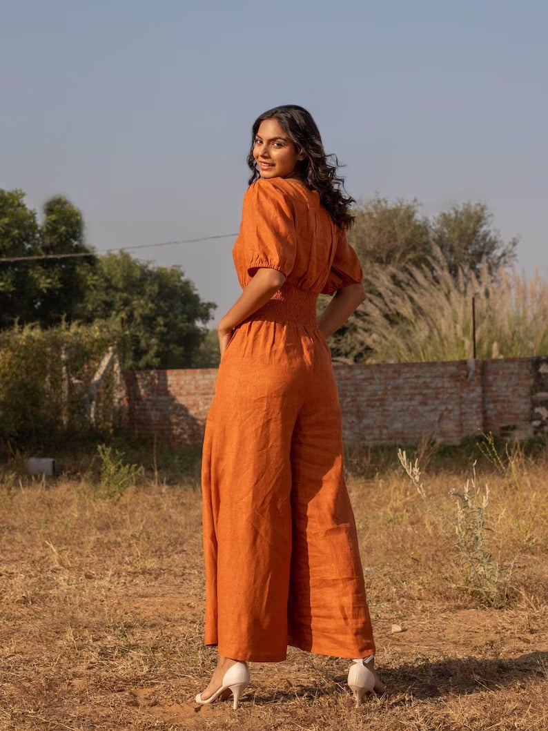 Women's Burnt Orange Cotton Puff Sleeve Jumpsuit