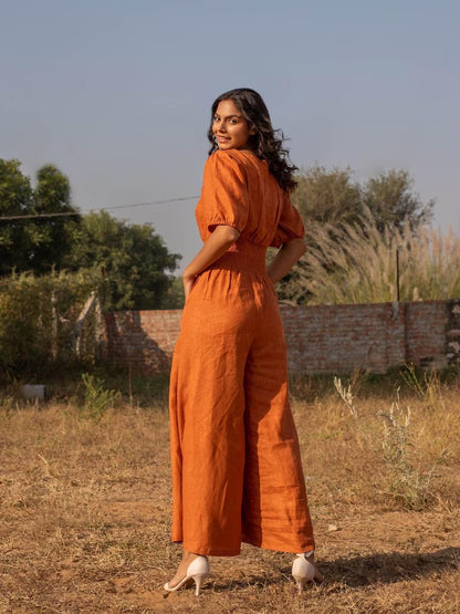 Women's Burnt Orange Cotton Puff Sleeve Jumpsuit