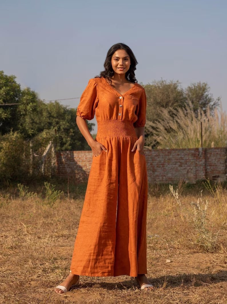 Women's Burnt Orange Cotton Puff Sleeve Jumpsuit