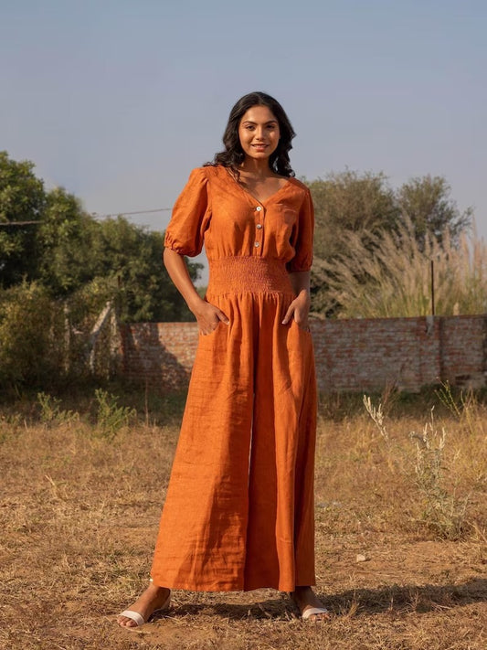 Women's Burnt Orange Cotton Puff Sleeve Jumpsuit
