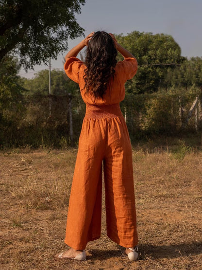 Women's Burnt Orange Cotton Puff Sleeve Jumpsuit